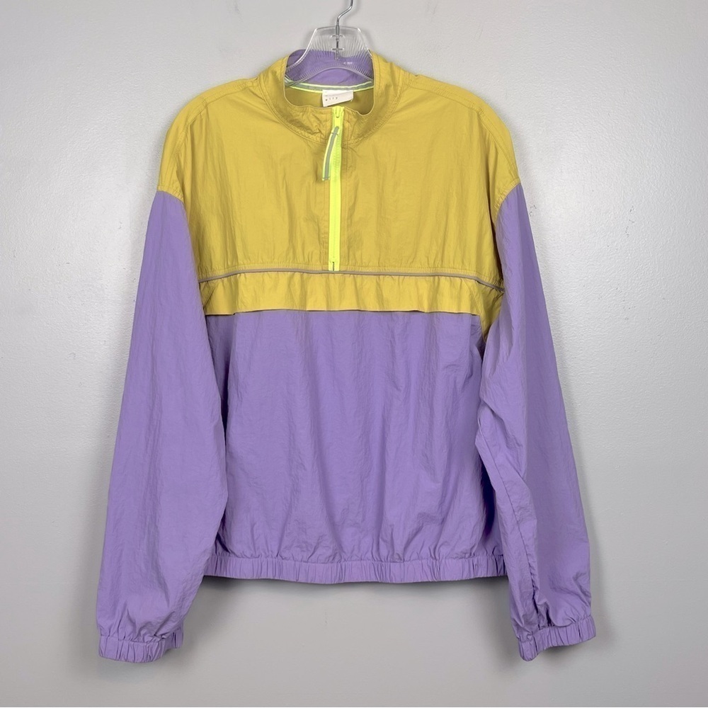 Dee Elly yellow purple colorblock 1/4 zip pullover nylon windbreaker, medium.